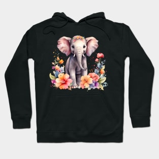 A baby elephant decorated with beautiful watercolor flowers Hoodie